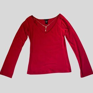 Moda International Red Long Sleeve Top with Rhinestone Necklace Detail – Size XS
